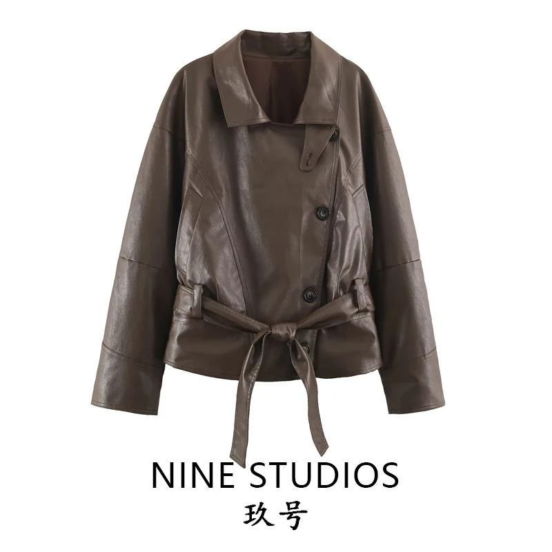 NINE ZAR Women's Short Leather Jacket with Stand Collar Belted Asymmetrical Zipper Long Sleeve Spring Fashion Ladies' Coat