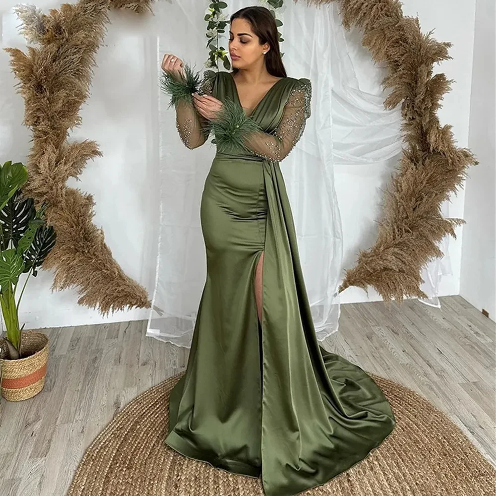 A-Line V-Neck Trailing Satin Party Dresses For Party Banquet Vacation Prom Cocktail Evening Gowns