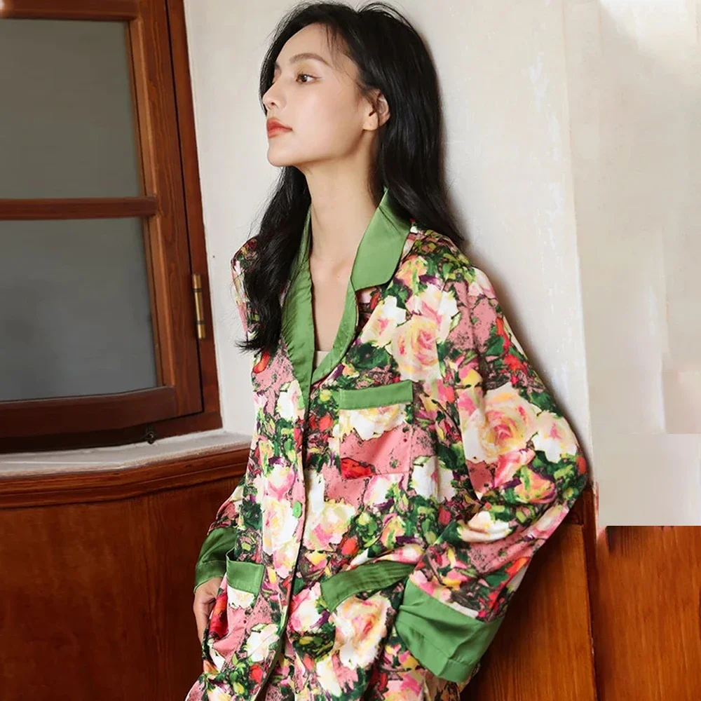 Pyjamas Women Set Floral Printed Silk Satin Loungewear Sleepwear for Women Temperament Pocket 2Pcs Long Sleeves Pijama Mujer