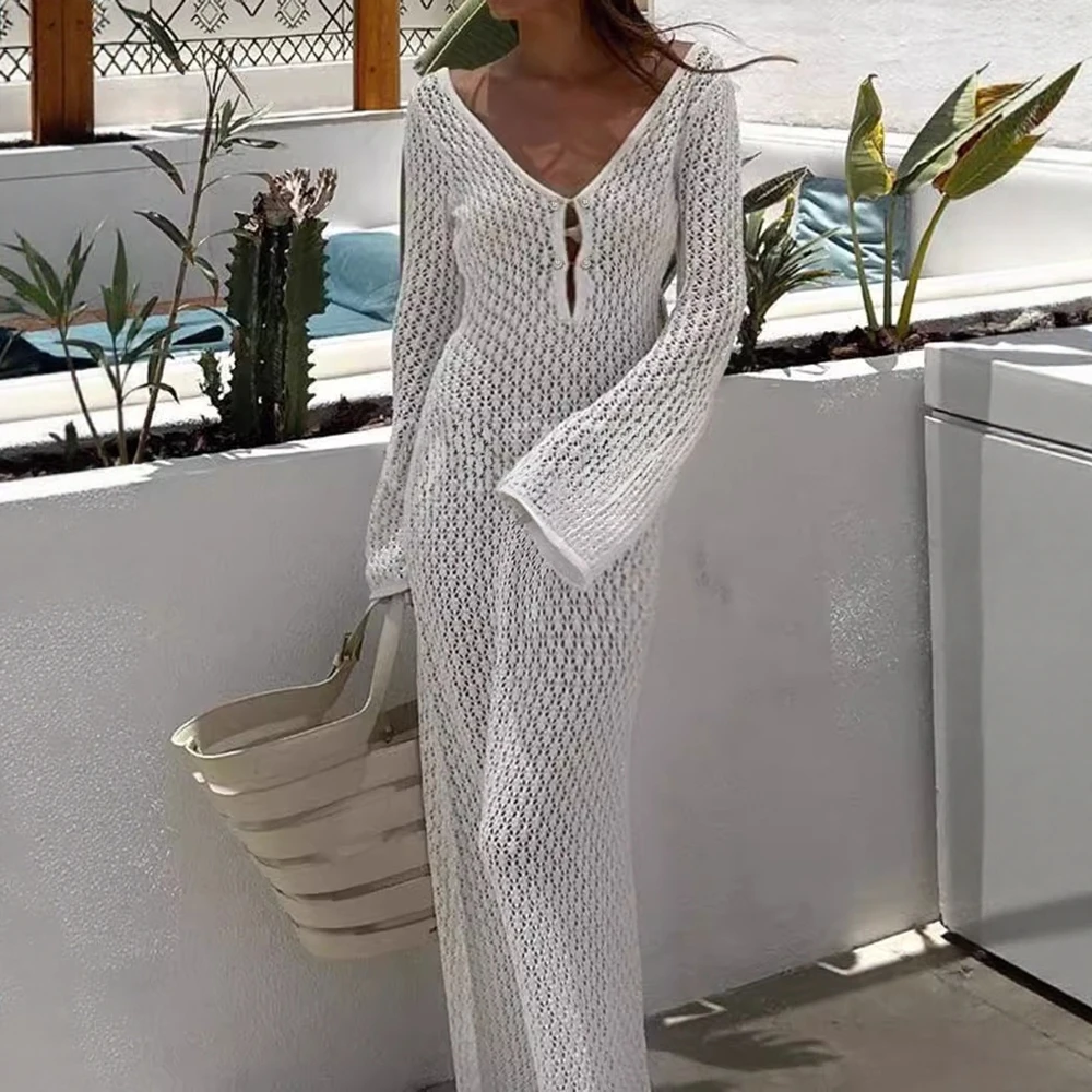 فستان نسائي مثير عادي مفتوح الغرز ميدي بأكمام طويلة ورقبة على شكل حرف V مقصوص للحفلات مجموعة الخريف