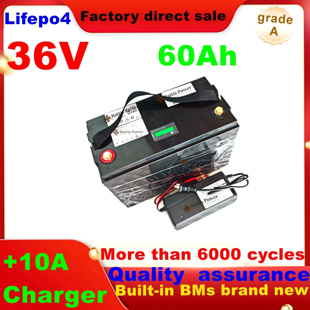 \ Batería Lifepo4 impermeable de 36V y 60AH con BMS para scooter de 3000w y 1500W, triciclo, carrito de golf con energía Solar de respaldo + cargador de 10A