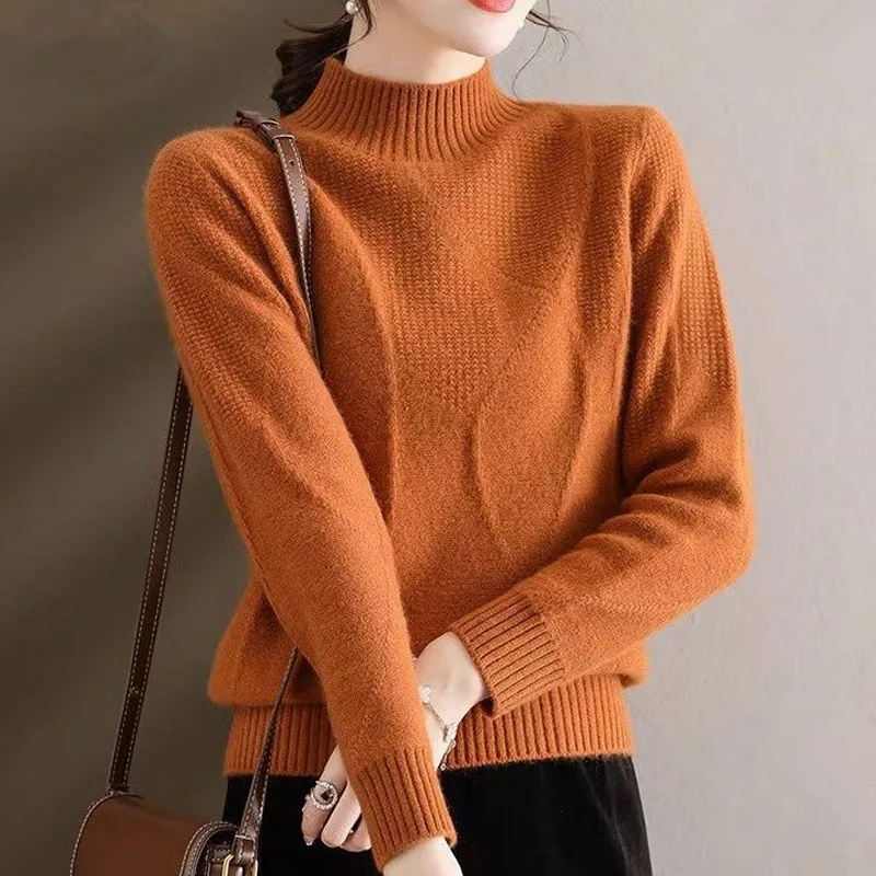 Winter Fashion Loose Thickened Half High Neck Solid Color Versatile Temperament Reduced Age Knitted Long Sleeve Women's Sweater