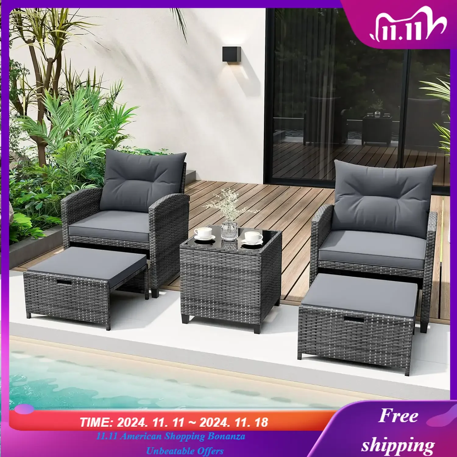 

Patio Rattan Furniture, Wicker Cushioned Chairs Set w/ 2 Ottomans & Tempered Glass Coffee Table,