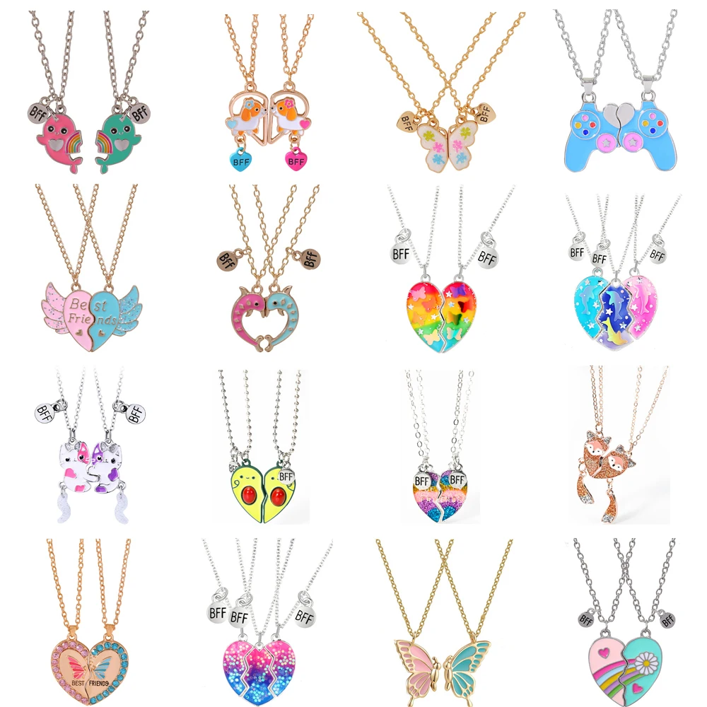 2pcs Best Friend Necklace Cartoon Cat Wolf Heart Pendant Friendship Necklace for Kids Children Jewelry Accessories Gift New In