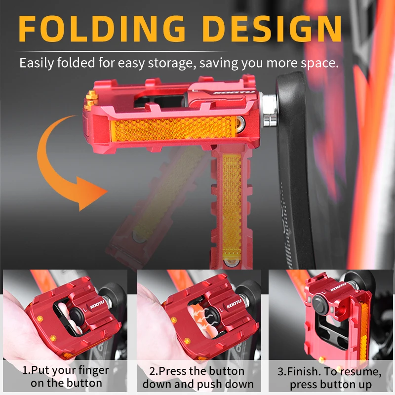 KOOTU Folding Bike Pedals Full Aluminum Bicycle Pedal Red/Silver Seal Bearing Pedal for Bmx 9/16 Universal Foldable Pedal