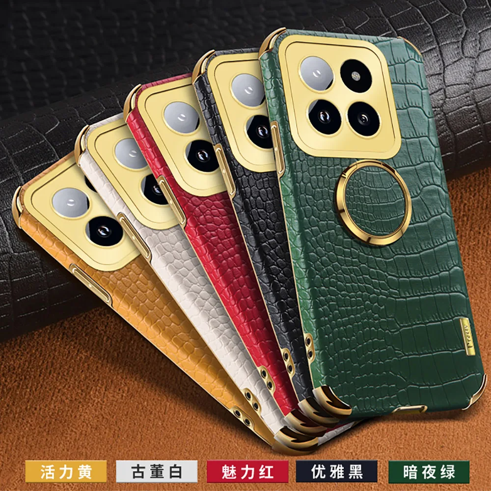 Crocodile Pattern Leather Back Case For Xiaomi 14 Pro Case Magnetic Ring Holder Case For Xiaomi 14 Camera Protector Full Cover