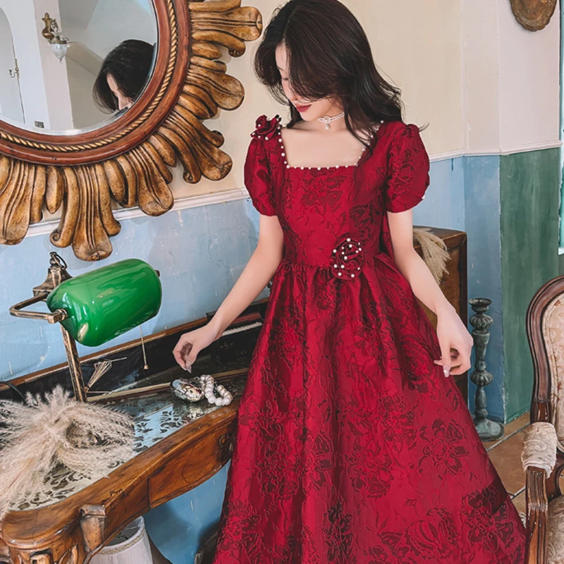 

Burgundy Dress Square Neck Puff Sleeves Women Midi Skirt Lace Print Flower Bride Wedding Dress Bow Sexy Evening Party Vestidas