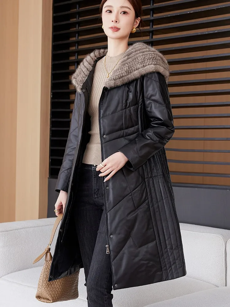 Designer Lady Genuine Leather Sheepskin Slim Fit Mink Fur Collar Hooded Mid Long Down Jacket Warm Outwear Trench Coat Windbreake
