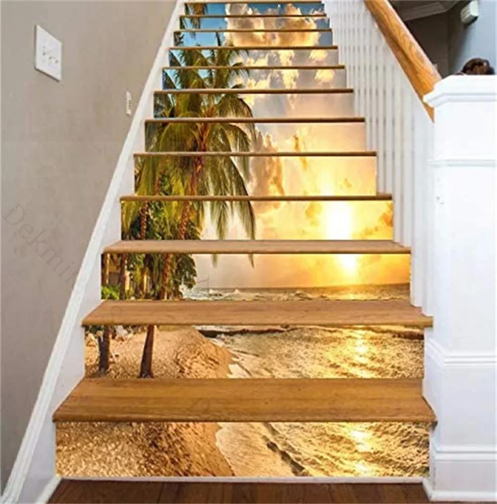 6/13pcs Self-adhesive Stair Sticker Landscape Planet Bookcase Vinyl Removable 3D Staircase Decor Bamboo Decals PVC Home Decor