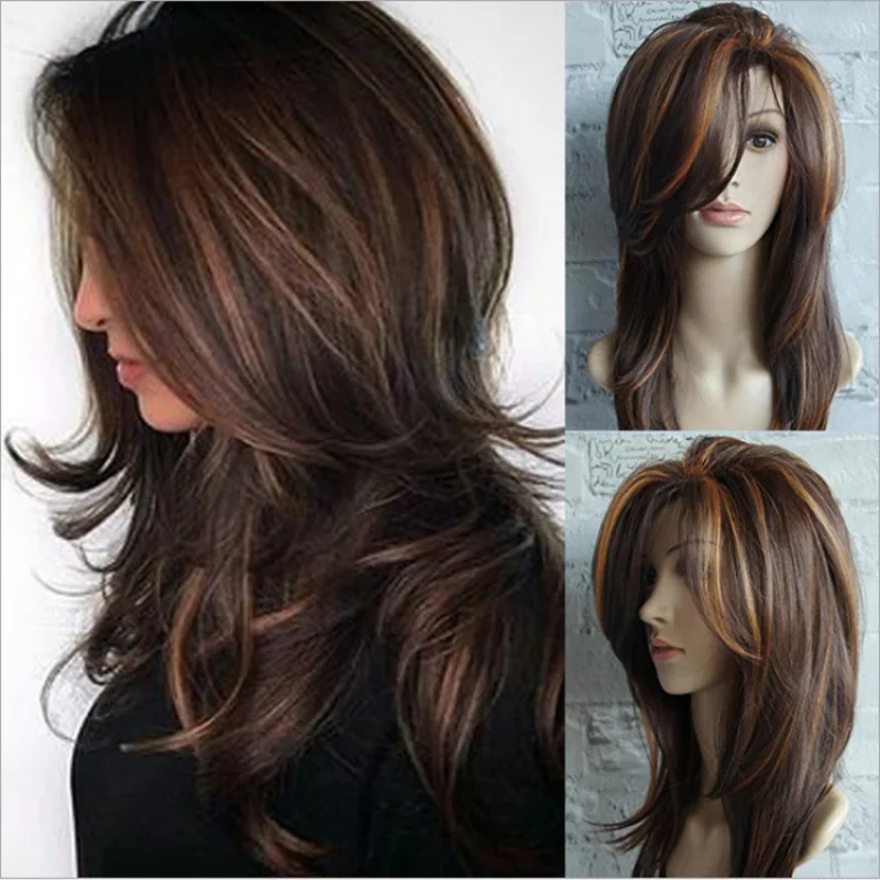 جديد النمط الأوروبي والأمريكي متموج للنساء، شعر مستعار بني طويل مجعد الاصطناعية