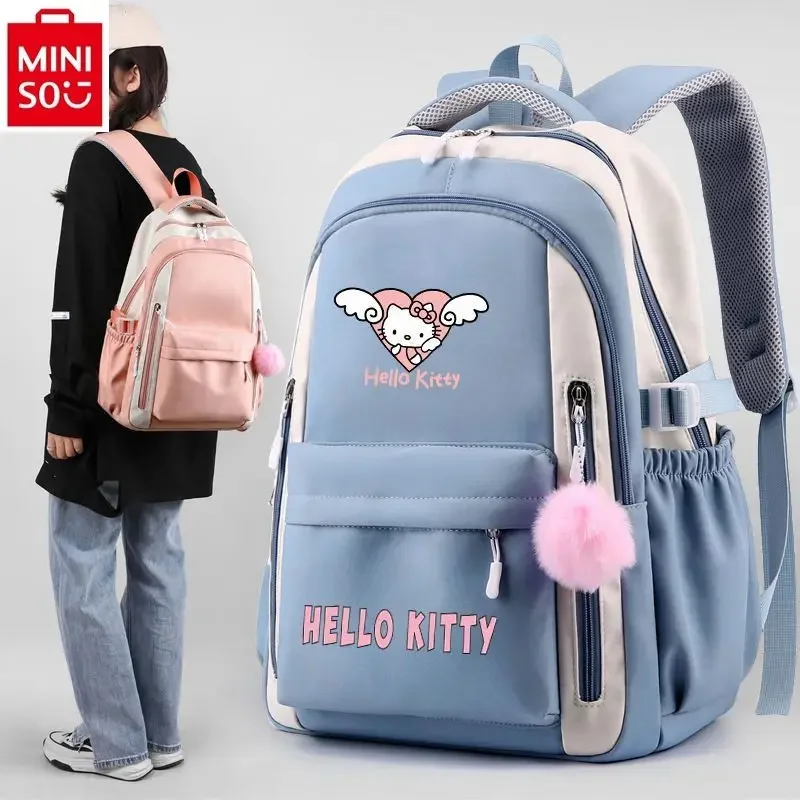 MINISO Hello Kitty cartoon printed girls' backpack, simple and casual, large capacity, lightweight children's backpack