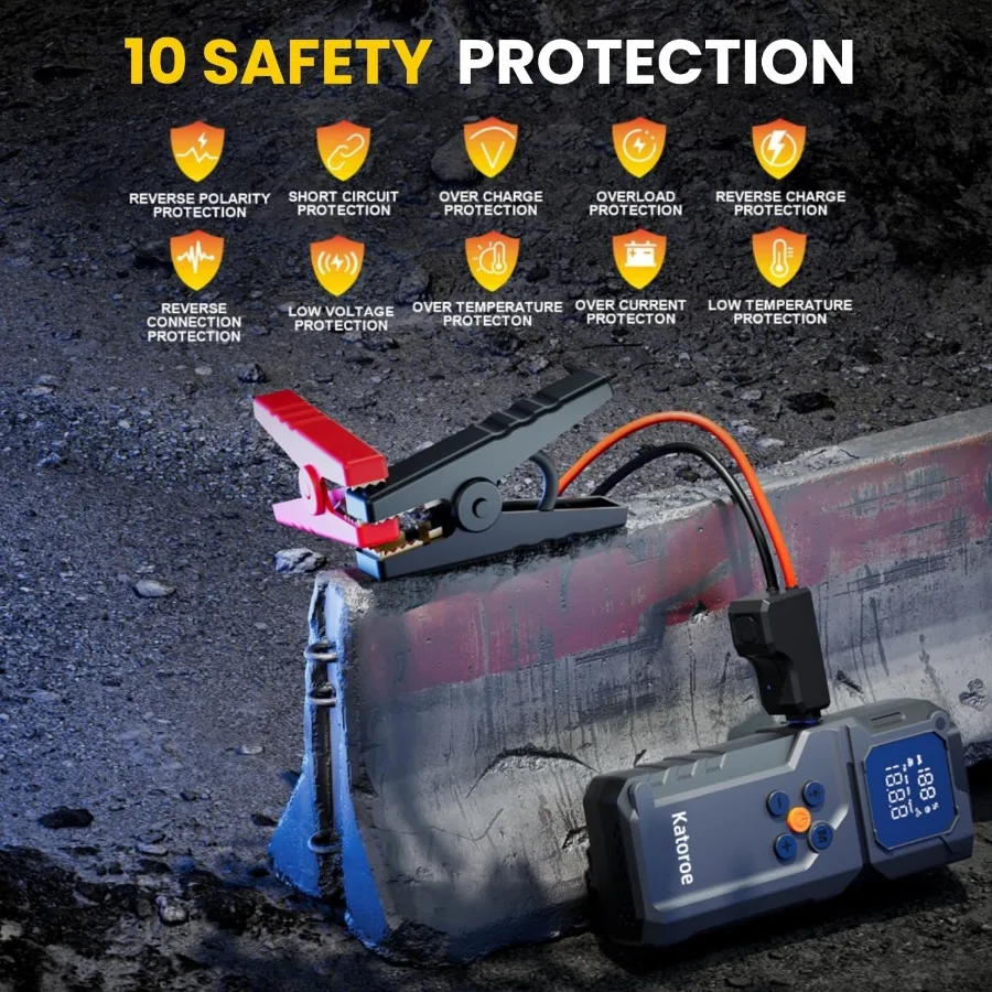 Portable 12V Car Battery Jump Starter with 5000A Peak Current and 150PSI Air Compressor for 9.0L Gas and 7.0L Diesel Engines In