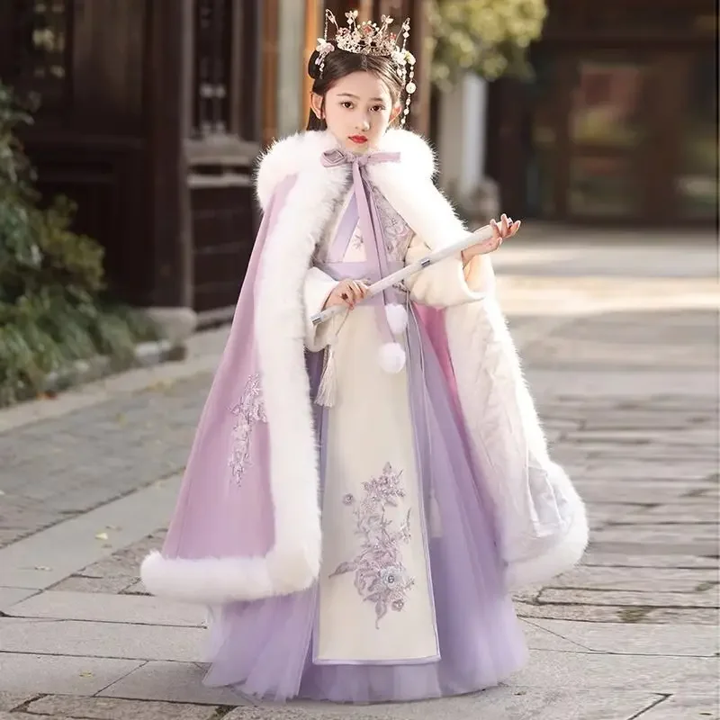 

Winter Thicker Hanfu Cloak Dress Girls Children`s Chinese New Year Costume Purple Thicked Hanfu Cloak Cape Dress Kids 3T -11T