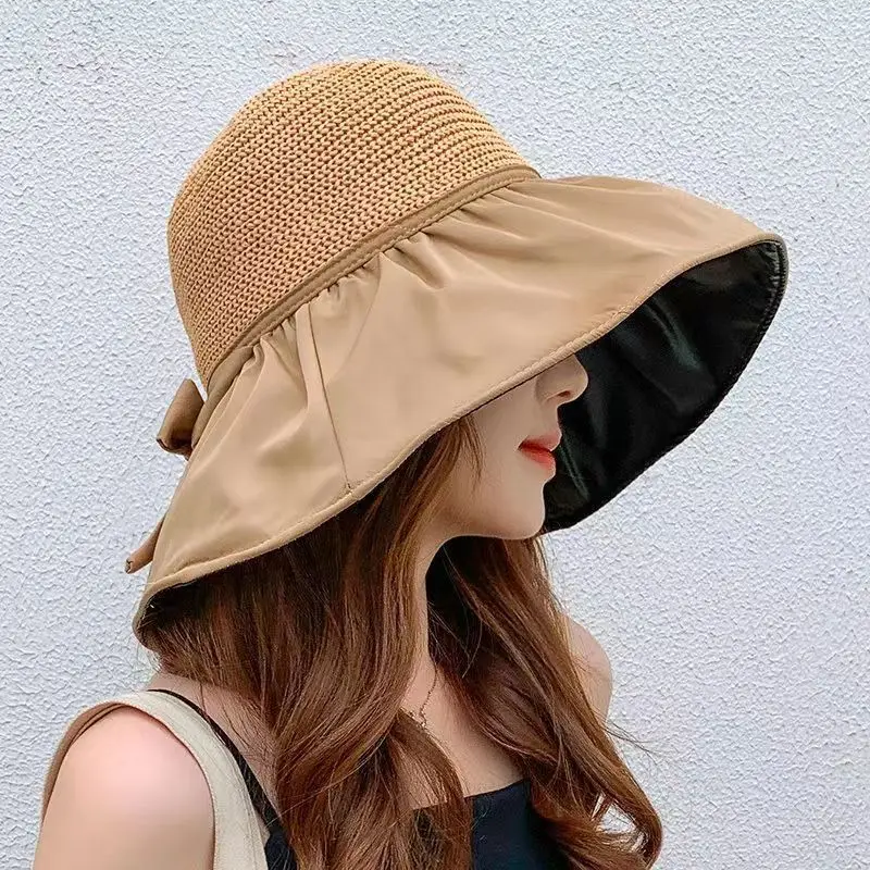 Sun Hat Women's Large Brim Double Layer Fabric Breathable Soft Skin Absorbent Sweat Outdoor Block UV Can fold Bow Dame Style