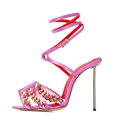 Drop Shipping Black Pink Red Leather Gold Metal Chain Nail Cross Strap Pin Thin Heels Slingback Summer Sandals Women Shoes