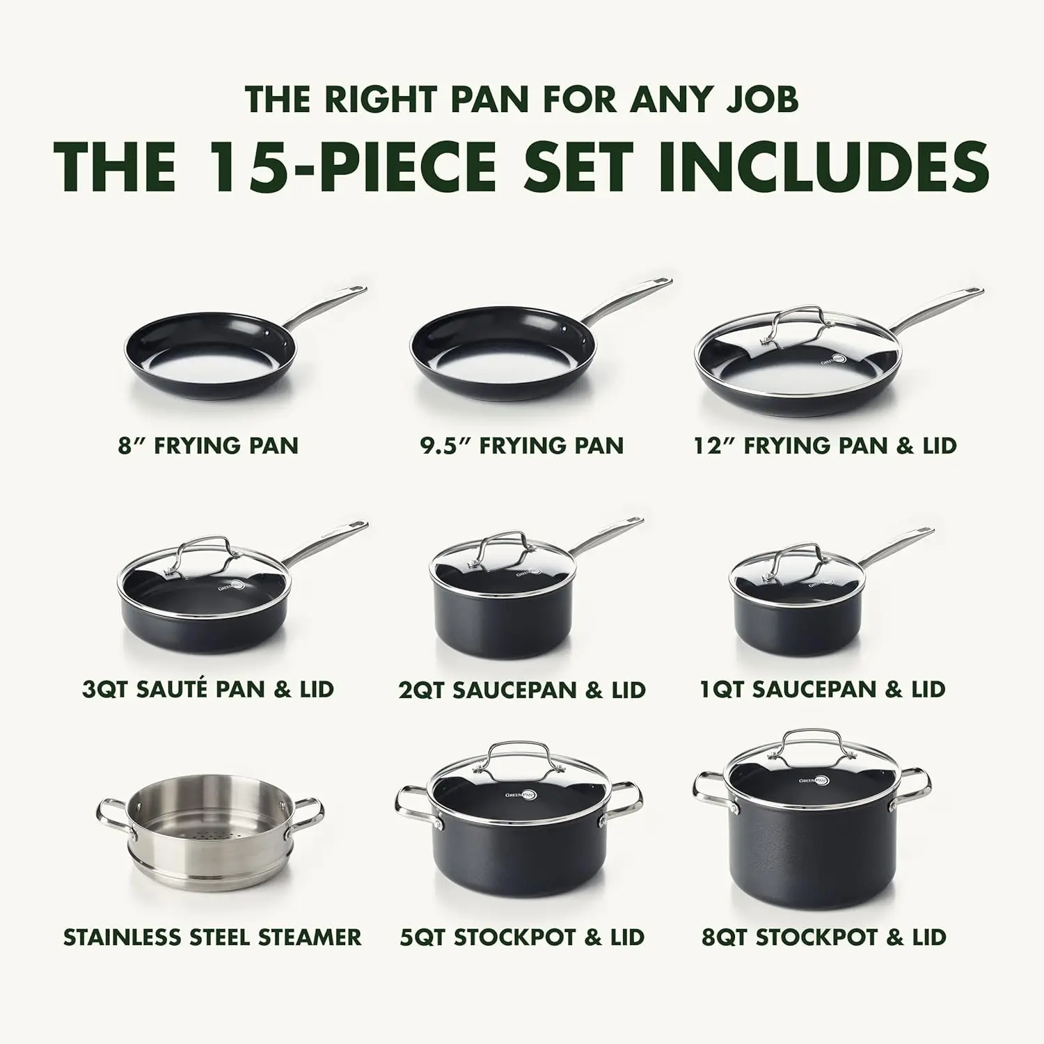 GreenPan Chatham Prime Midnight Hard Anodized Healthy Ceramic Nonstick, 15 Piece Cookware Pots and Pans Set, Saute, Saucepan, St