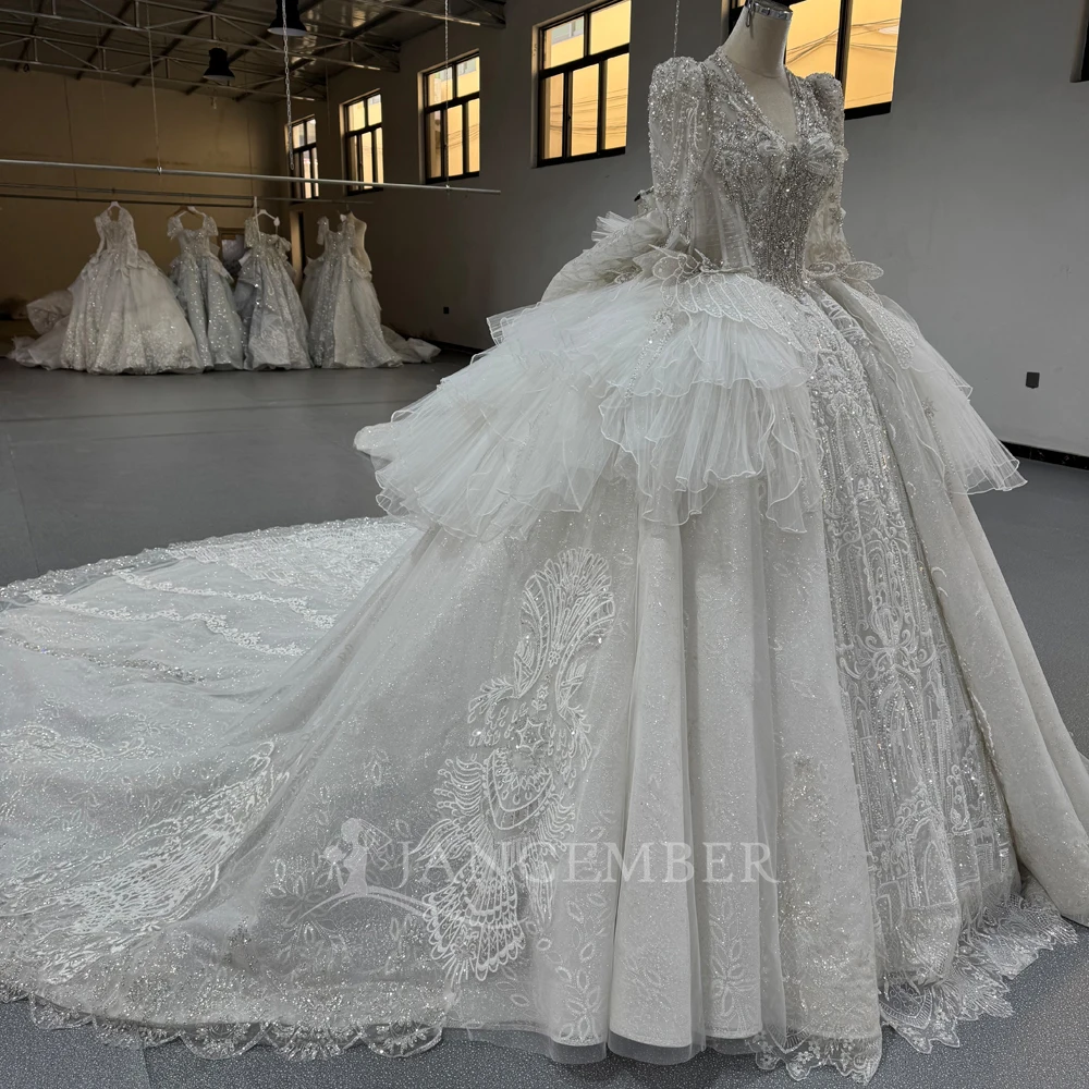 فساتين زفاف بسيطة من الأورجانزا بأكمام طويلة وطيات لالتقاط الصور بطول الأرض ومشد خلفي مخصص للعروس #3