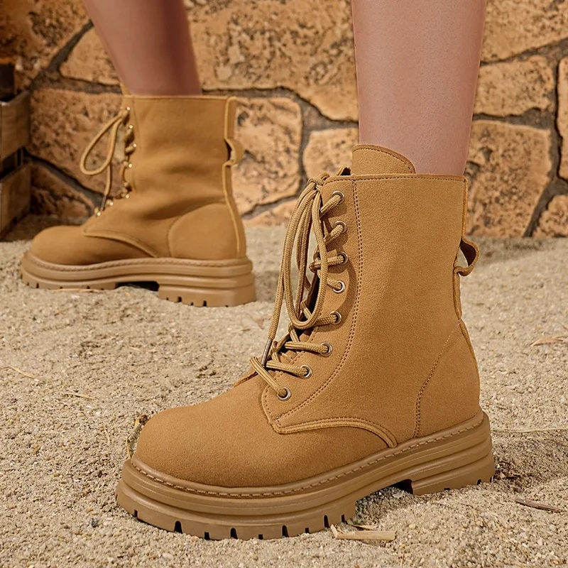 

Large-sized Lace-up Thick-soled Round-toe Fashionable Women's Boots, New British-style Women's Boots for Spring and Autumn 2025