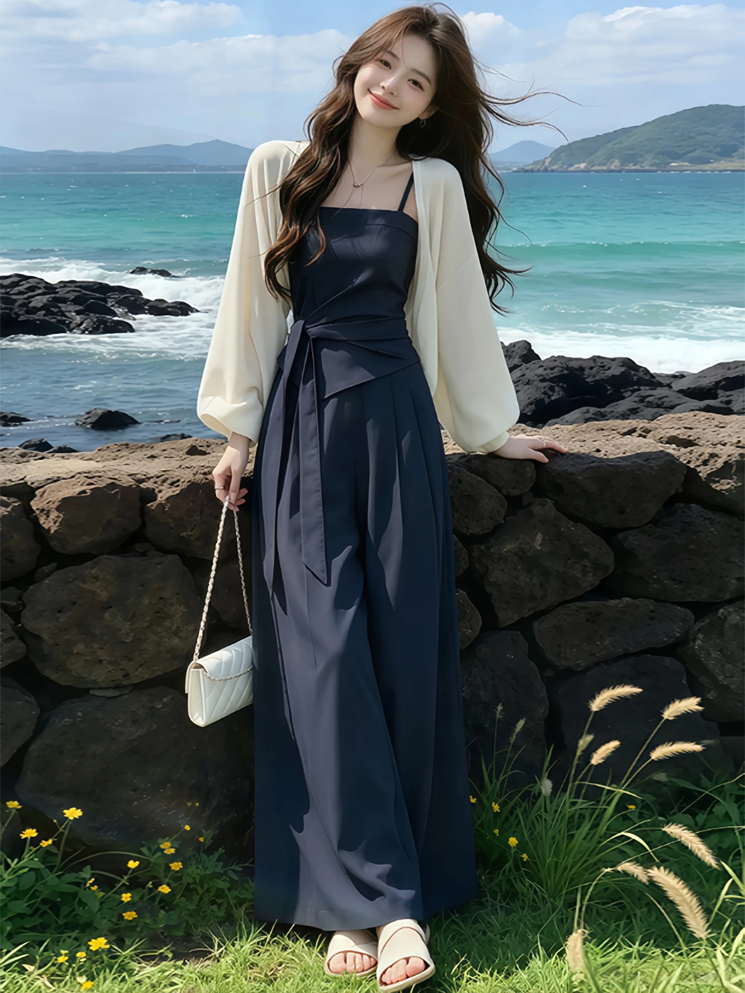 

Summer Fashion Set Women's Slim Fit Strapless Pleated Wide Leg Pants High Waist V-Neck Cardigan Breathable Casual Workwear