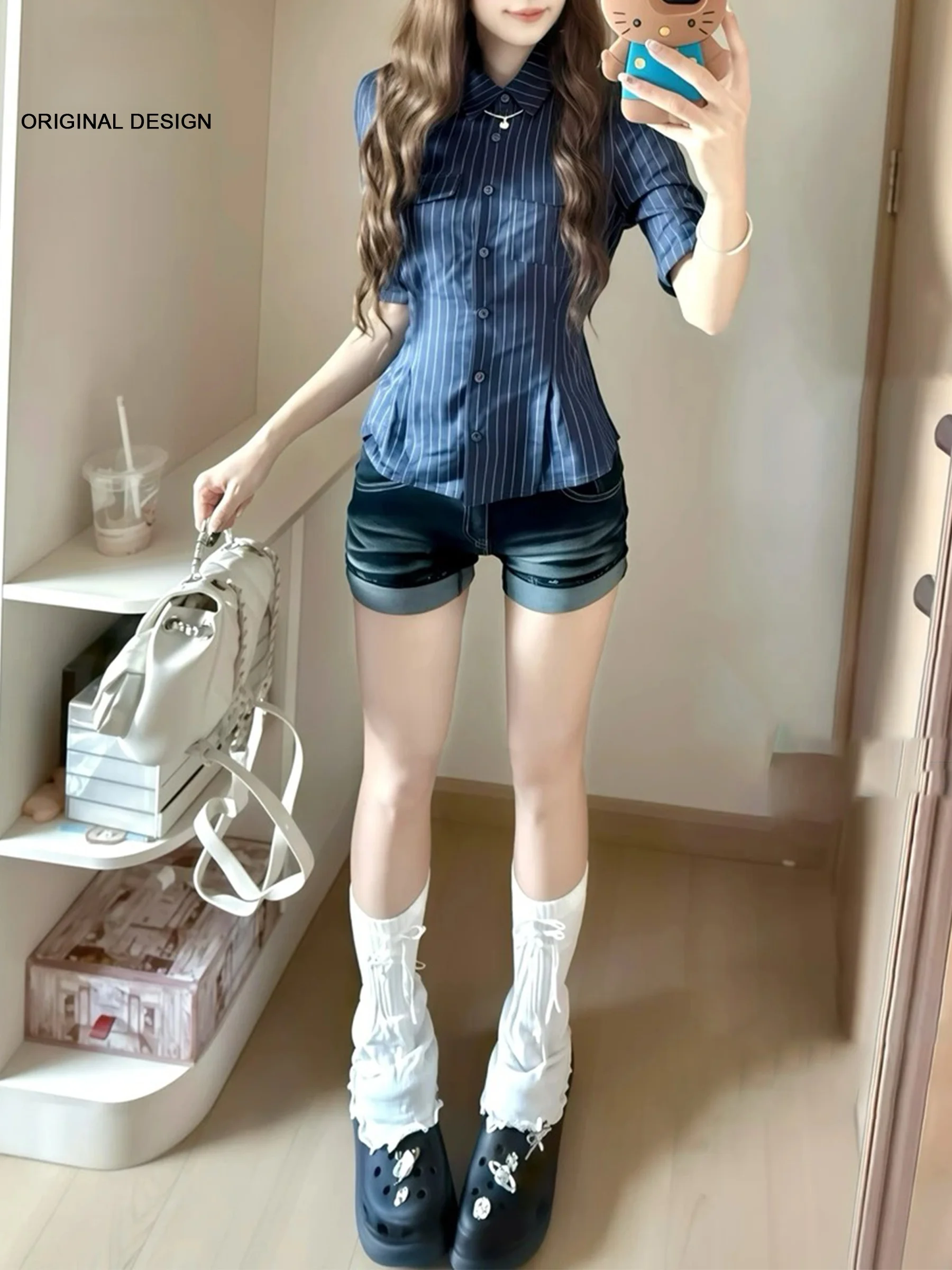 

Slim Fit High Waist Denim Shorts Women's American Style Retro Cuffed Hot Pants Summer Casual Fashion plus Size Shorts