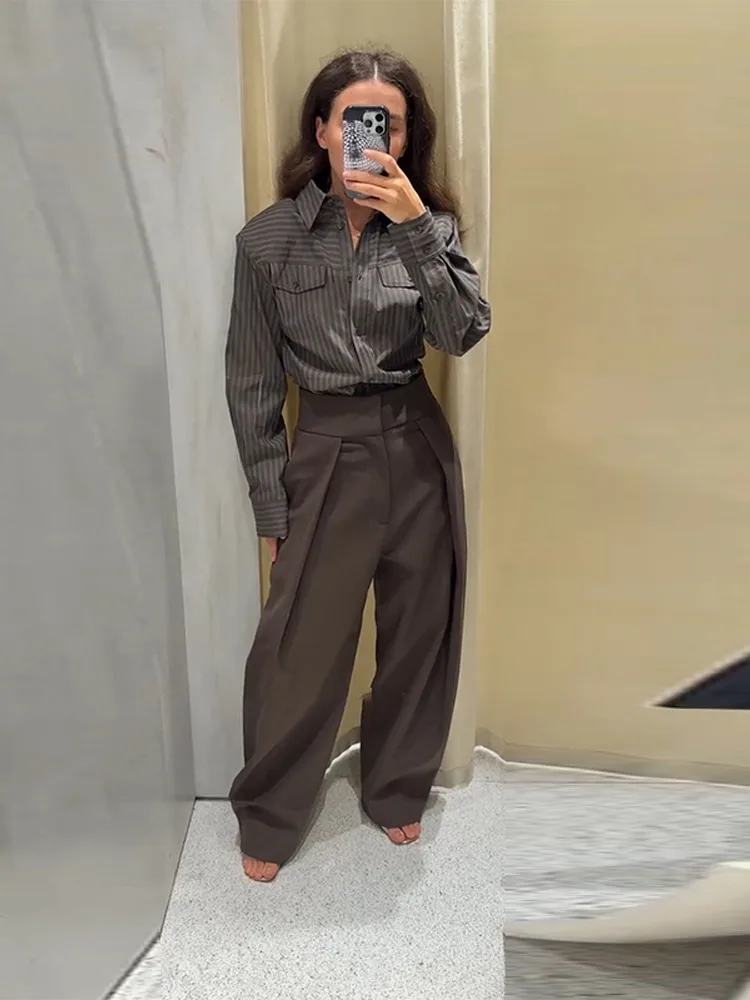 عادية مخطط قميص مستقيم مجموعة بناطيل رجالي المرأة ريترو شيك الخصر مقصوص قميص فضفاض السراويل مجموعات سيدة الخريف الكلاسيكية الشارع وتتسابق #6