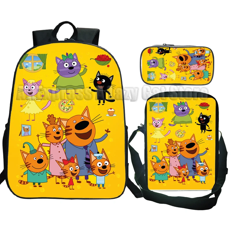 Mochila escolar de tres gatitos para niños y niñas, morral de dibujos animados de Anime, 3 piezas