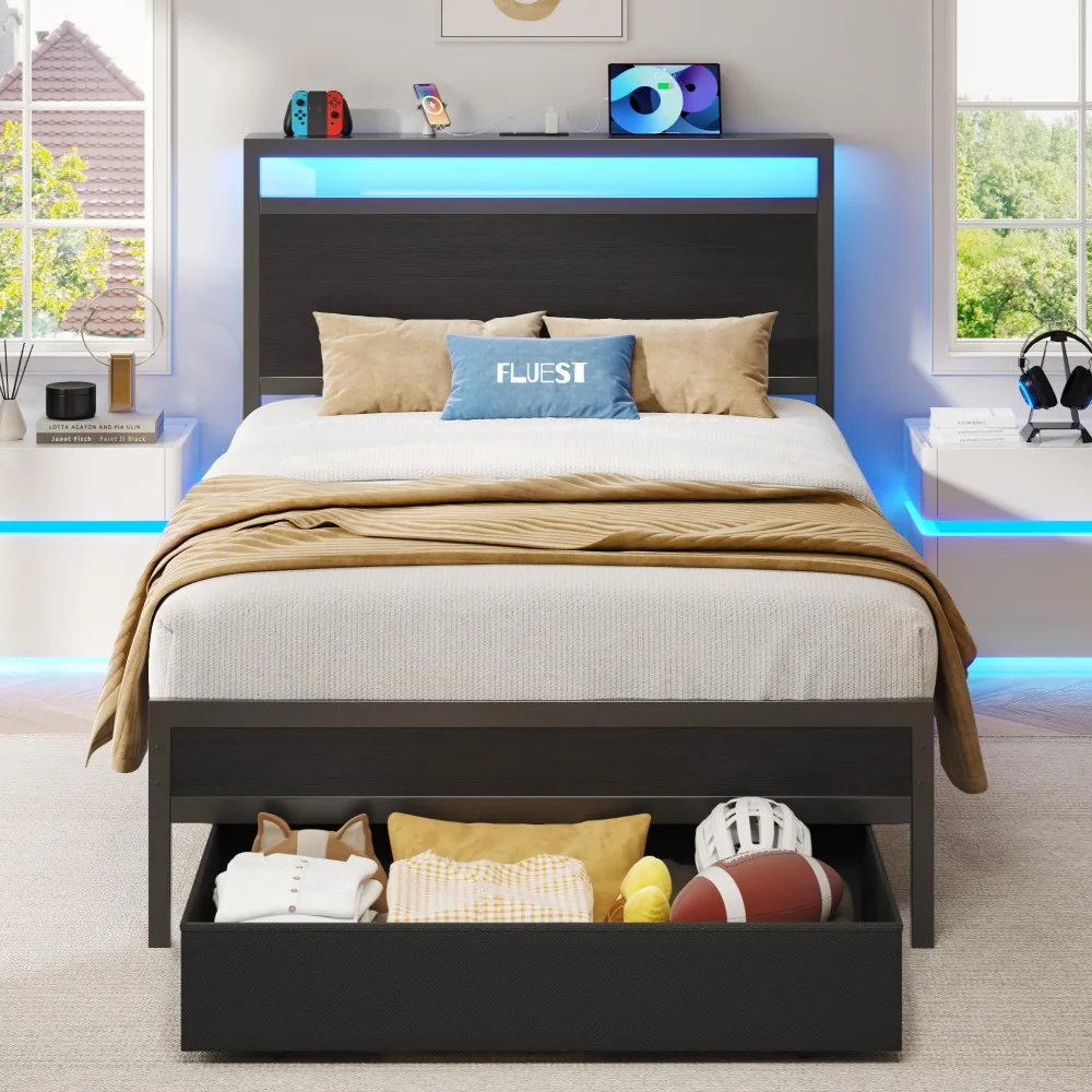Twin Bed Frame,Twin Bed Frame with Storage Headboard & Storage Drawer, Charging Station & LED Light, No Box Spring