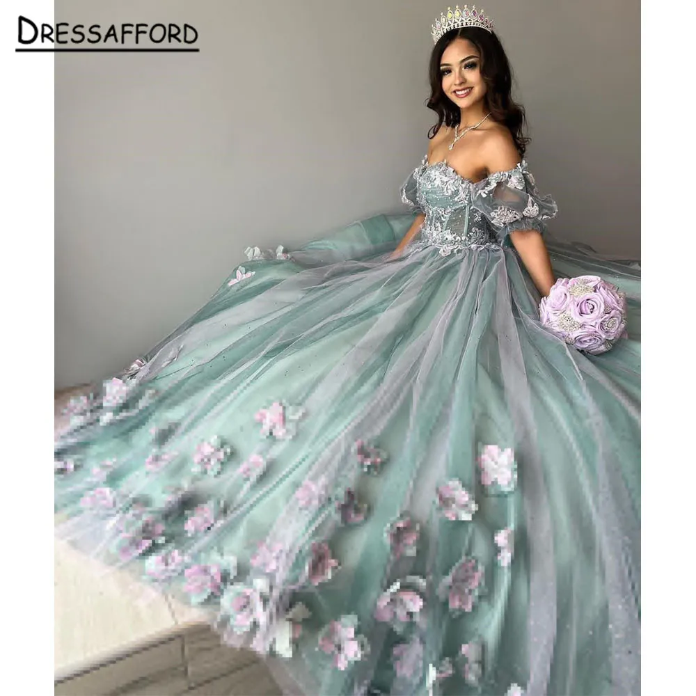 Robe de Rhà manches courtes bouffantes, robes de Quinceanera à fleurs, appliques transparentes, fête de princesse formelle