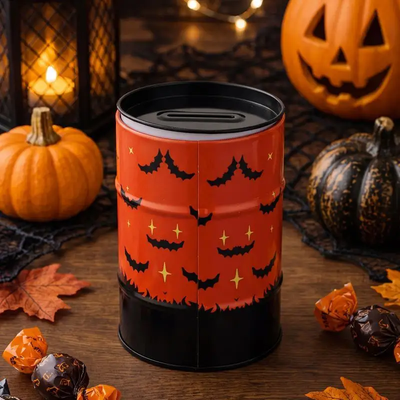 @*Vintage Bat Print Halloween Metal Piggy Bank Shatterproof Coin Collection Box for Kids Gift Home Living Room Decor