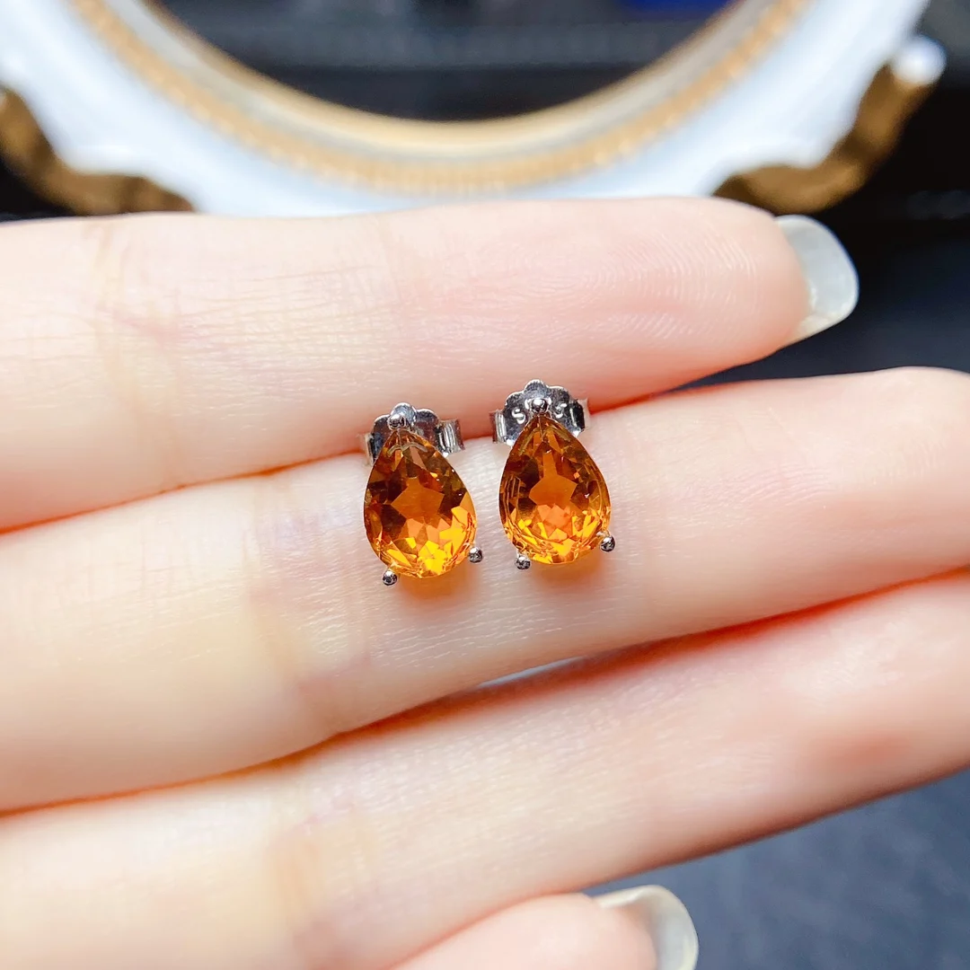 

FS Natural Citrine S925 Sterling Silver Studs Earrings With Certificate Fine Fashion Charm Weddings Jewelry For Women MeiBaPJ