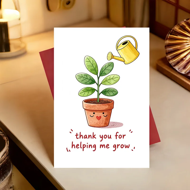 Thank you for helping me grow. Card - Cute cartoon plants and yellow watering can, thank you on Teacher's Day