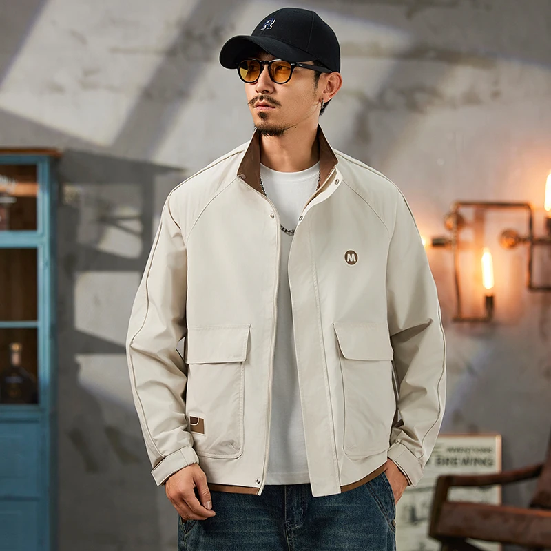 

Повседневная модная куртка с воротником-стойкой для мужчин, весна-осень, свободный крой, молодежная одежда для отцов, полиэстер, на молнии