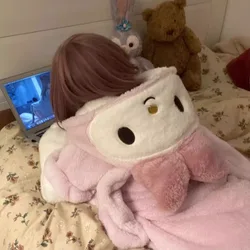 My Melody Cute Rabbit Winter Plush Pajama Set NightWear with Trousers Student Soft Sweet Pink Causal Nightgown Women Loungewear