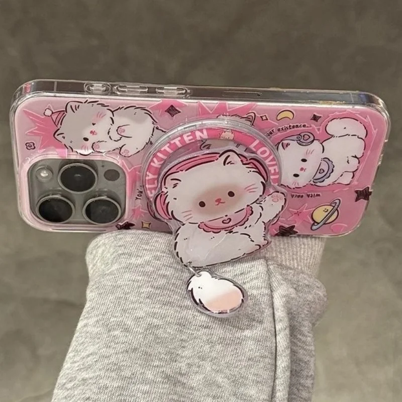 Lindo cachorro y gatito coreano para Magsafe, agarre magnético para teléfono Tok Griptok, soporte para iPhone 16, funda de carga inalámbrica, soporte de anillo