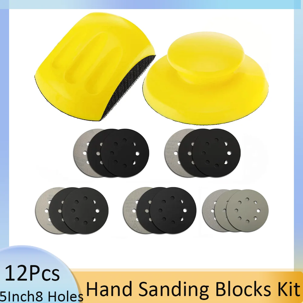 12 Pcs 5 Inch Hand Sanding Blocks Kit with Wet and Dry Hook Loop Sandpaper for Wood Furniture Restoration Drywall Polishing