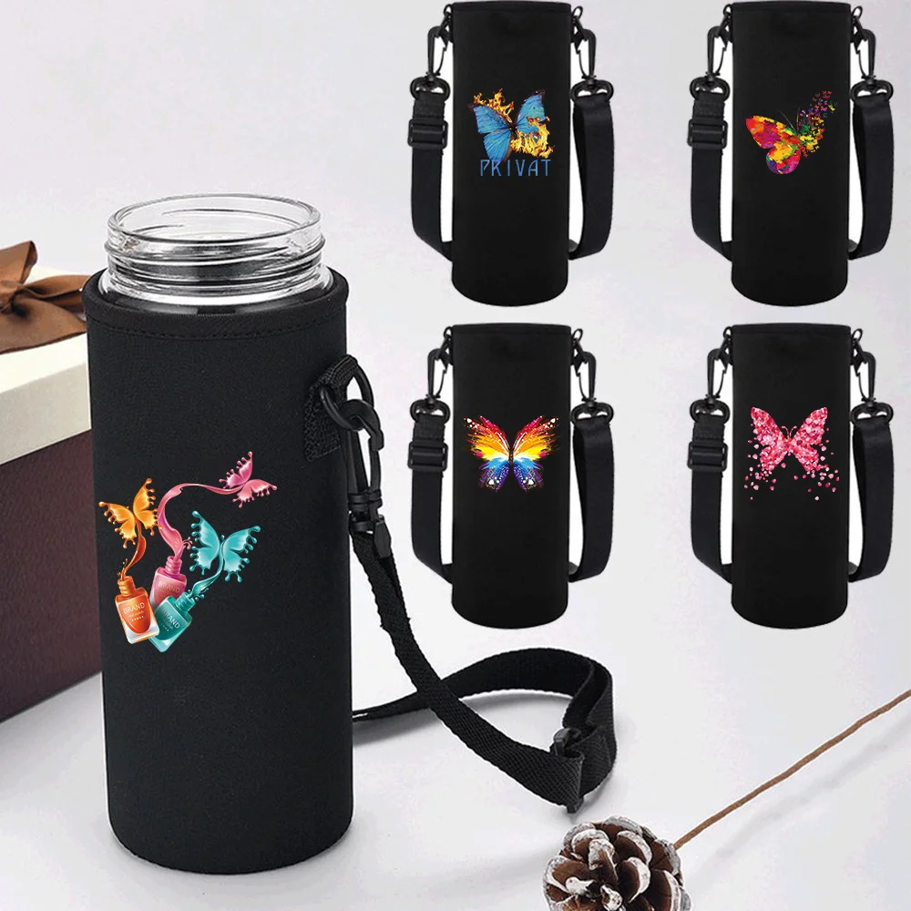 Water Bottle Sleeve Adjustable Strap, Portable Insulated Water Cup Sleeve for 550-1500ML Sports Bottles Case Butterfly Series