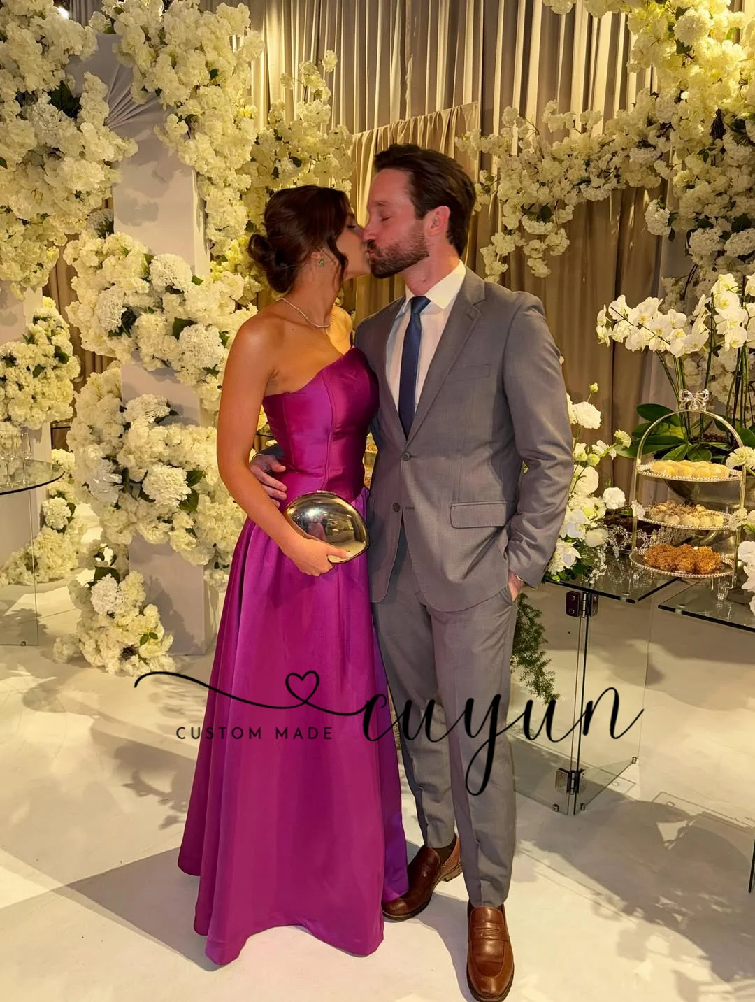 CUYUN Sukienki wieczorowe damskie na zamówienie, satynowe, w kolorze fuksji, bez ramiączek, o kroju litery A, do ziemi, na studniówkę, przyjęcie, kolację, vestidos de fiesta