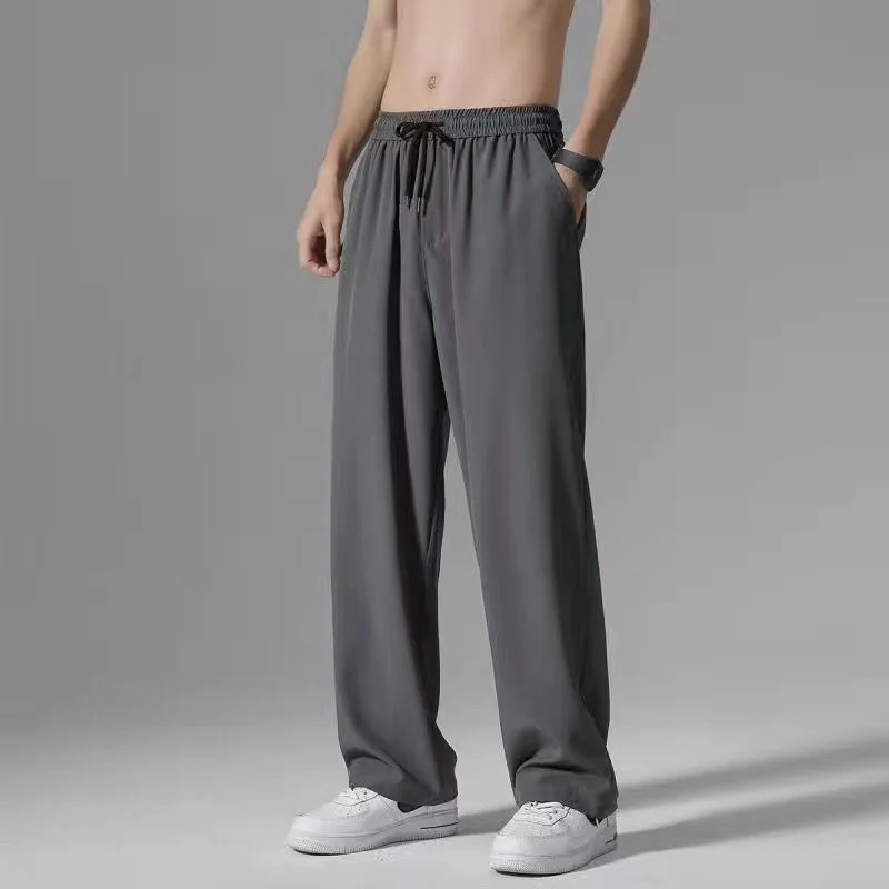 

Men's Straight Leg Pants Summer New Ice Silk Loose Wide Leg Casual West Pants High Waist Long Trousers Pure Color Student
