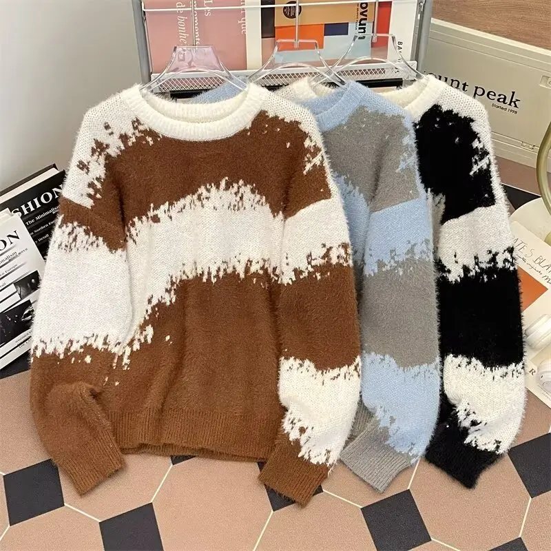 

American Retro Color Blo Lazy Sle Men's Sweater Mink Knit Loose Thiened Autumn Winter Outerwear Casual Faion