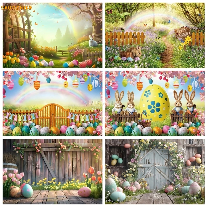 

Happy Easter Backdrop Photography Interior Brick Wall Wooden Door Flower Rabbit Eggs Kids Party Decor Baby Portrait Background