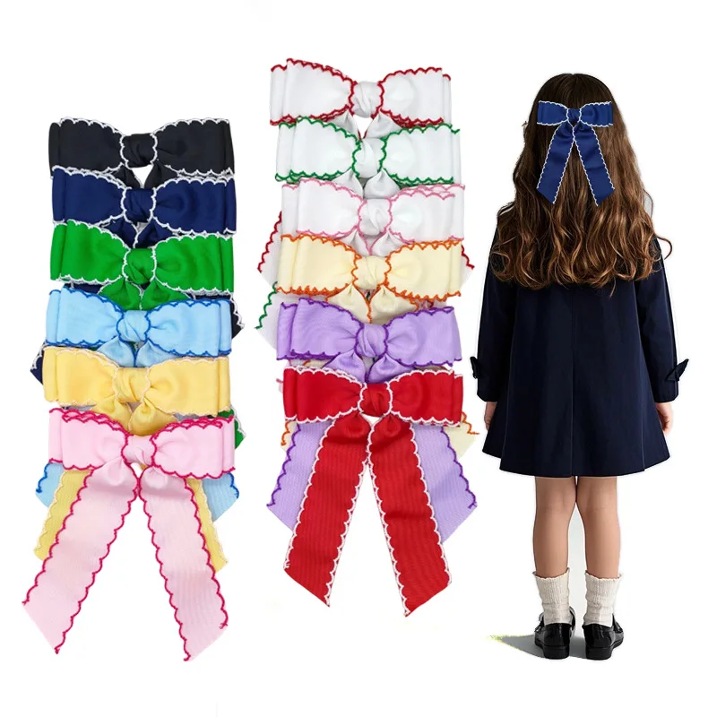 

30 шт./лот Новые заколки для волос с бантом из ленты 5,3 дюйма, заколки-бантики с волнистым краем для девочек, детские заколки-бантики с длинными кисточками, детские аксессуары для волос