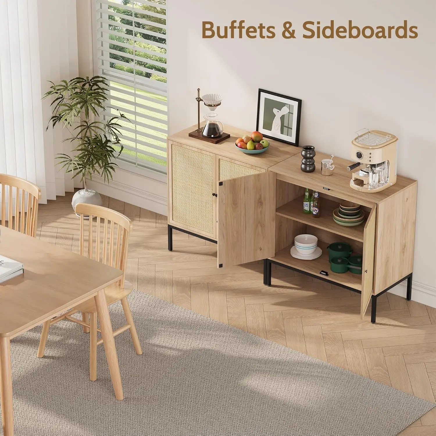 Set mit 2 Sideboard-Schränken mit dekorierten Türen aus natürlichem Rattan, 63