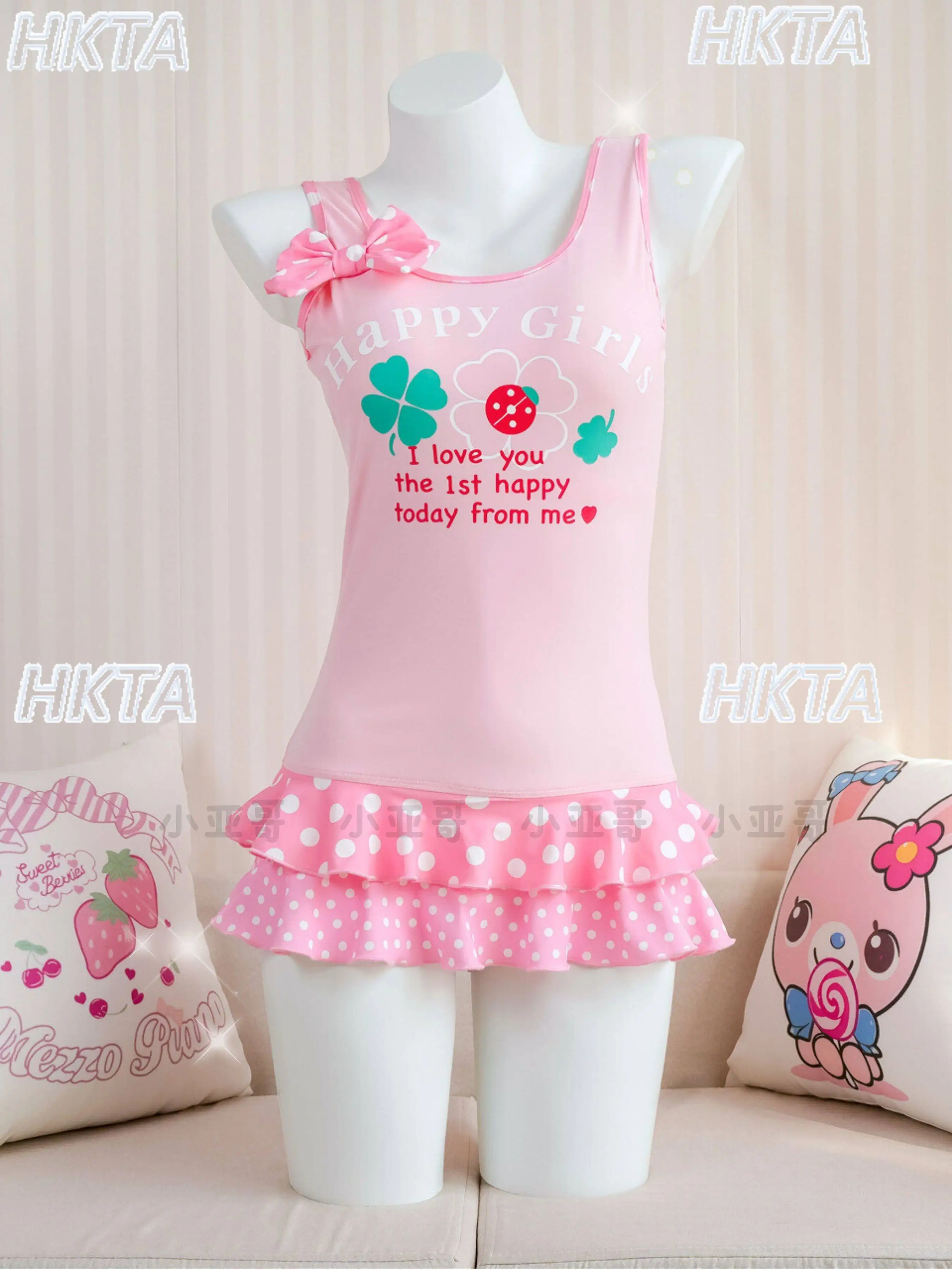 Japanese Sweet Cute Ruffle Edge Polka Dot Bow Letter Print Round Collar One Piece Bikini Summer Kawaii Slim Cake Swimsuit Women