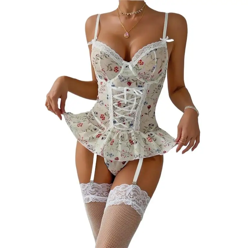 

Sexy Lingerie Set Corset Lace Up Babydoll Stockings Women Erotic Valentines Nightwear G-String Underwear Matching Sets