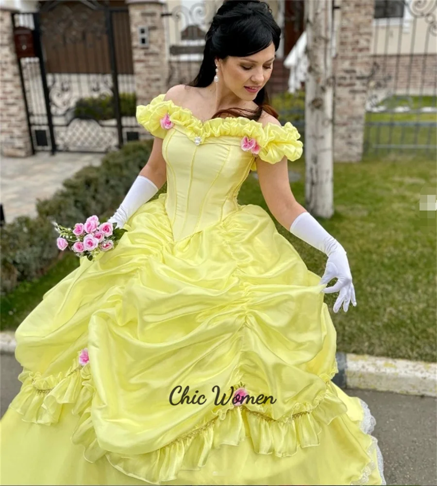 Vestidos de quinceañera amarillos de hadas, vestido de baile con hombros descubiertos, baile victoriano renacentista con flores, dulce 15 mexicano Xv personalizado