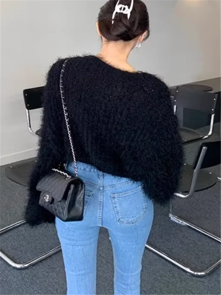 Lazy Style Loose Fuzzy Soft Knitted Short Cardigan New Spring Fall Fashion Deep V Neck Casual Sweater Black Pink White Plush Top