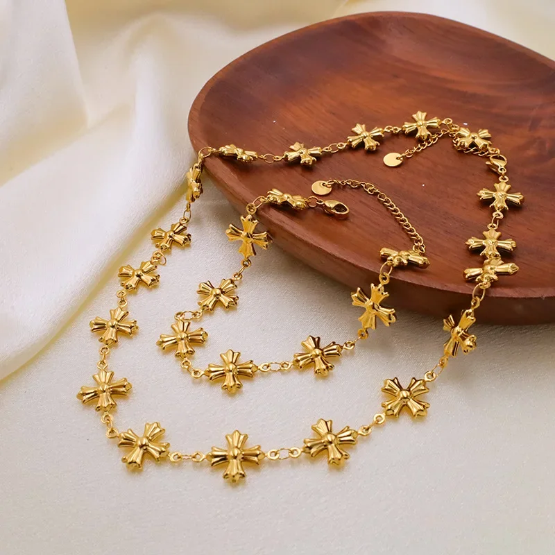 

Byzantine Style Cross Collarbone Chain & Bracelet, God's Blessing Inspired, 316 Stainless Steel Gold Plated