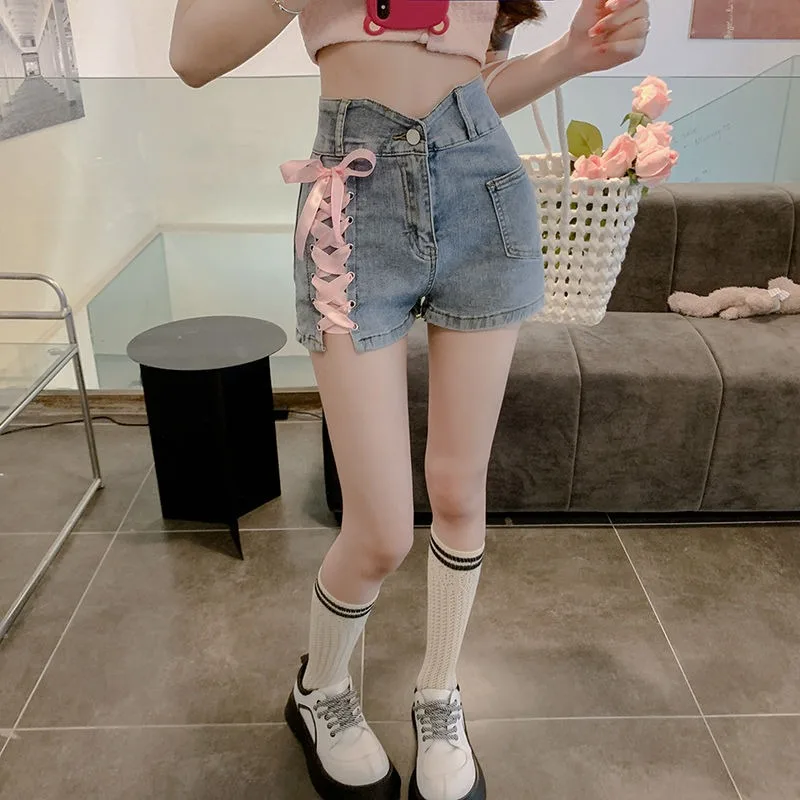 Pink Cross Denim Shorts  Tie Decorative Hot Trousers Shorts Female Summer New High Waist Thin A-line Shorts Womens Clothing