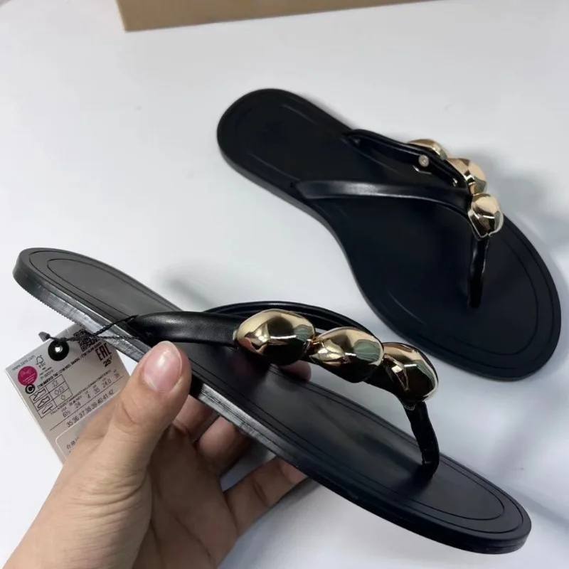 Summer Women Beach Flip Flops Outdoor Non-slip Soft Sole Seaside Ladies Shoes Metal Decoration Brand Designer Casual Slippers