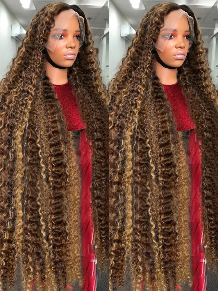 

13x6 Highlight Loose Deep Wave Lace Frontal Wigs Human Hair 250% Density Curly Human Hair Wig Pre Plucked P4/27 Ombre HD Lace